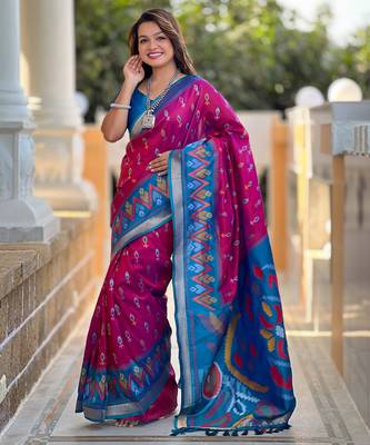 Rani pink art silk blend ikkat and patola weaving concept saree & contrast blouse 2