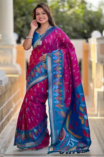 Rani pink art silk blend ikkat and patola weaving concept saree & contrast blouse