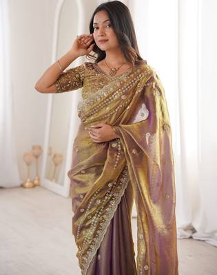 Gold  color beautiful sequins work heavy partywear saree 3