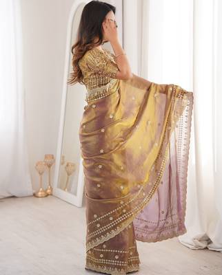 Gold  color beautiful sequins work heavy partywear saree 4