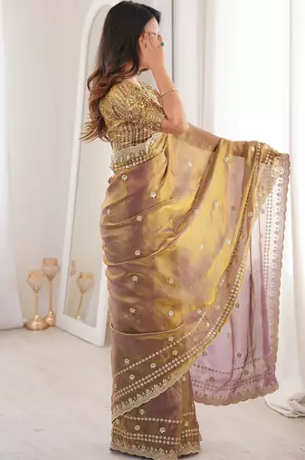 Gold  color beautiful sequins work heavy partywear saree