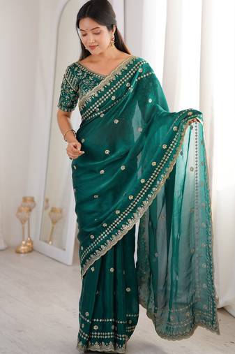 Rama color beautiful sequins work heavy partywear saree