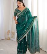 Rama color beautiful sequins work heavy partywear saree