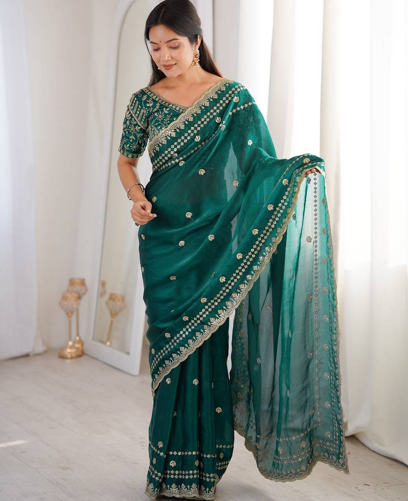 Rama color beautiful sequins work heavy partywear saree
