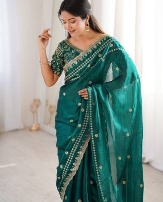 Rama color beautiful sequins work heavy partywear saree 3
