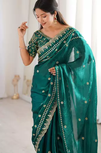 Rama color beautiful sequins work heavy partywear saree