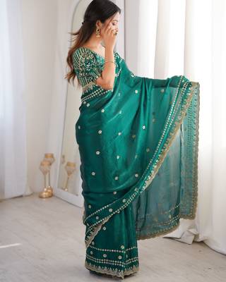 Rama color beautiful sequins work heavy partywear saree 4