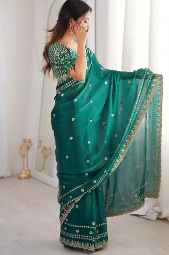 Rama color beautiful sequins work heavy partywear saree