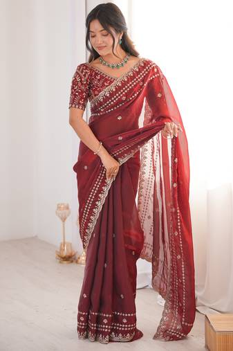 Maroon color beautiful sequins work heavy partywear saree