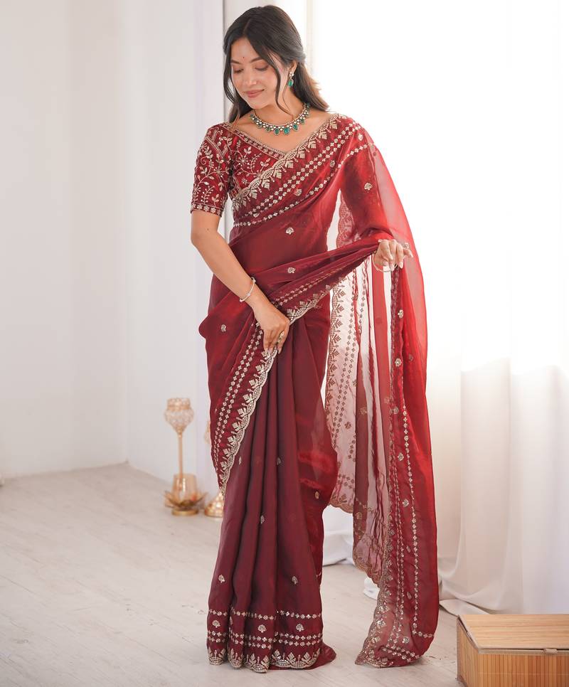 Maroon color beautiful sequins work heavy partywear saree