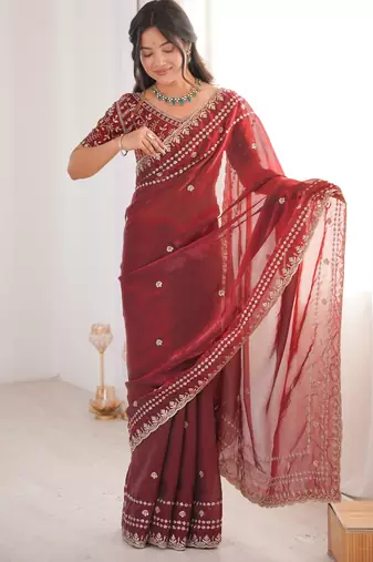 Maroon color beautiful sequins work heavy partywear saree