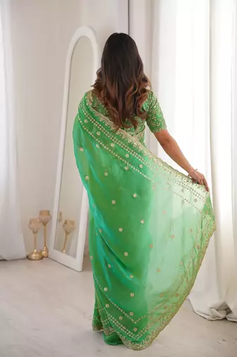 Parrot green color beautiful sequins work heavy partywear saree