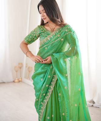 Parrot green color beautiful sequins work heavy partywear saree 3