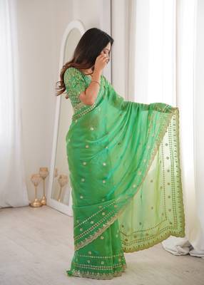 Parrot green color beautiful sequins work heavy partywear saree 4