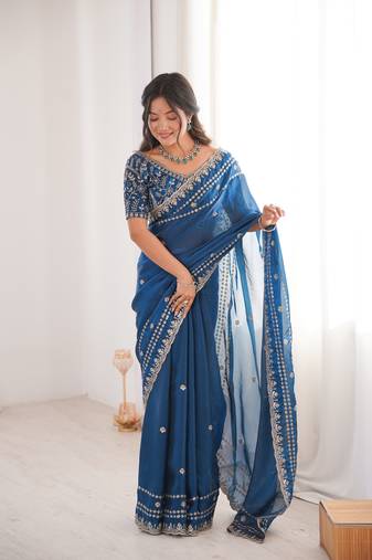 Teal blue color beautiful sequins work heavy partywear saree