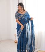 Teal blue color beautiful sequins work heavy partywear saree