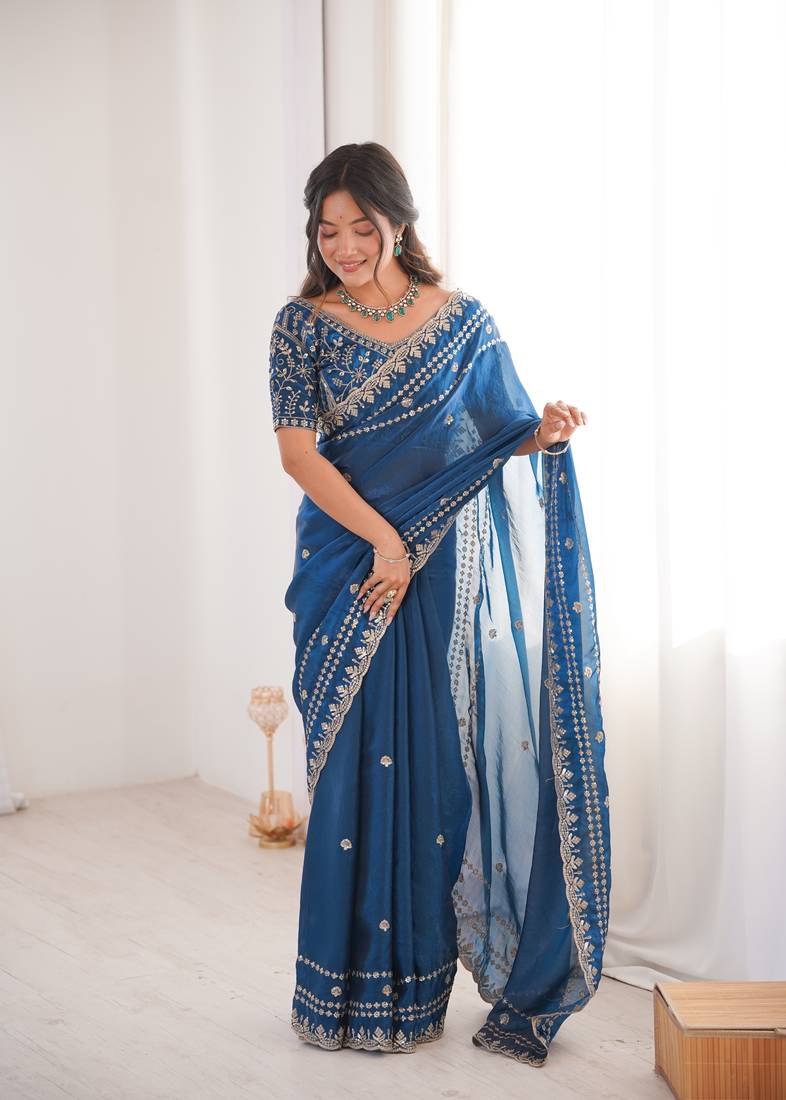 Teal blue color beautiful sequins work heavy partywear saree