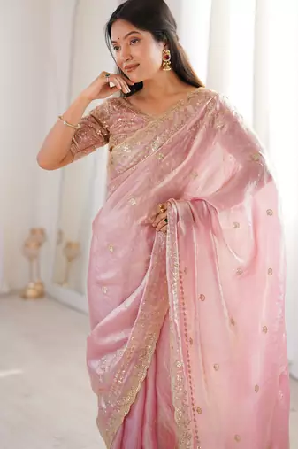 Pink color beautiful sequins work heavy partywear saree