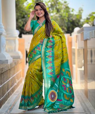 Lemon yellow silk blend ikkat and patola weaving concept saree & contrast blouse 2