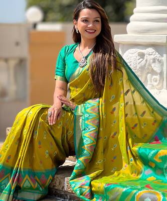 Lemon yellow silk blend ikkat and patola weaving concept saree & contrast blouse 3
