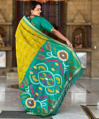 Lemon yellow silk blend ikkat and patola weaving concept saree & contrast blouse 4