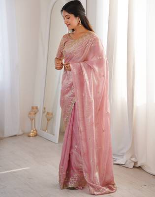 Pink color beautiful sequins work heavy partywear saree 4