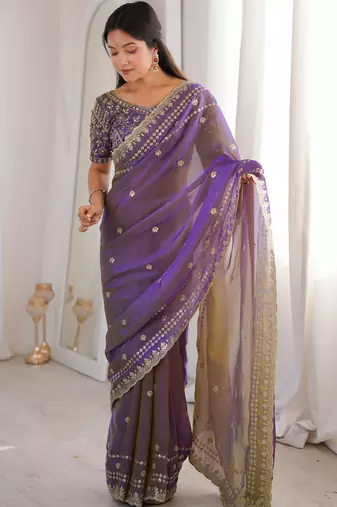 Purple color beautiful sequins work heavy partywear saree