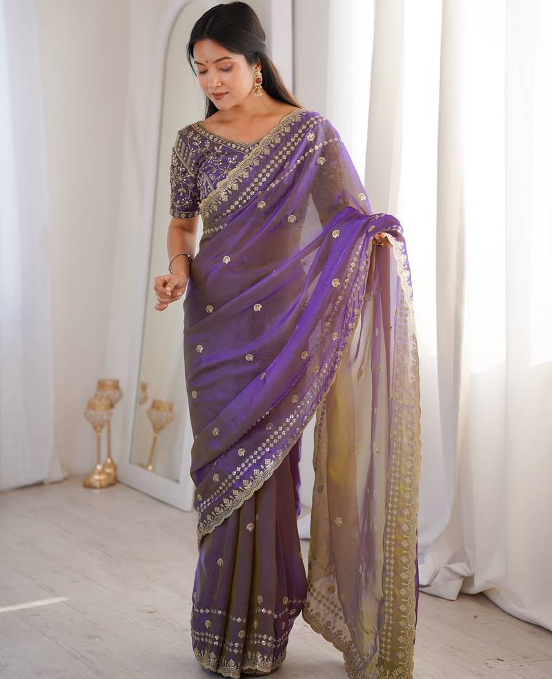 Purple color beautiful sequins work heavy partywear saree