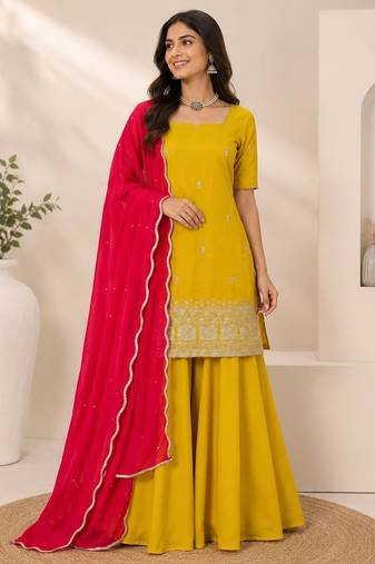 Yellow natural crepe silk sharara suit set with dupatta