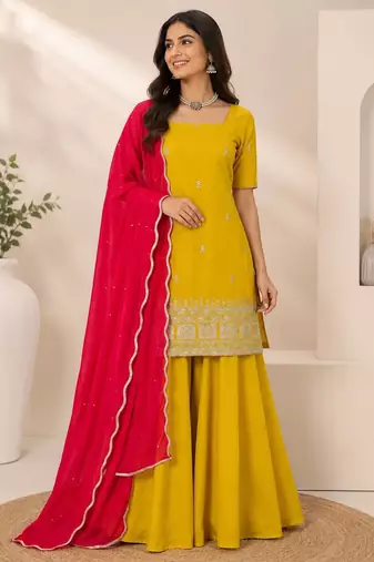 Yellow natural crepe silk sharara suit set with dupatta