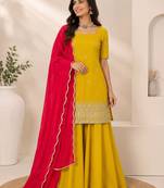 Yellow natural crepe silk sharara suit set with dupatta