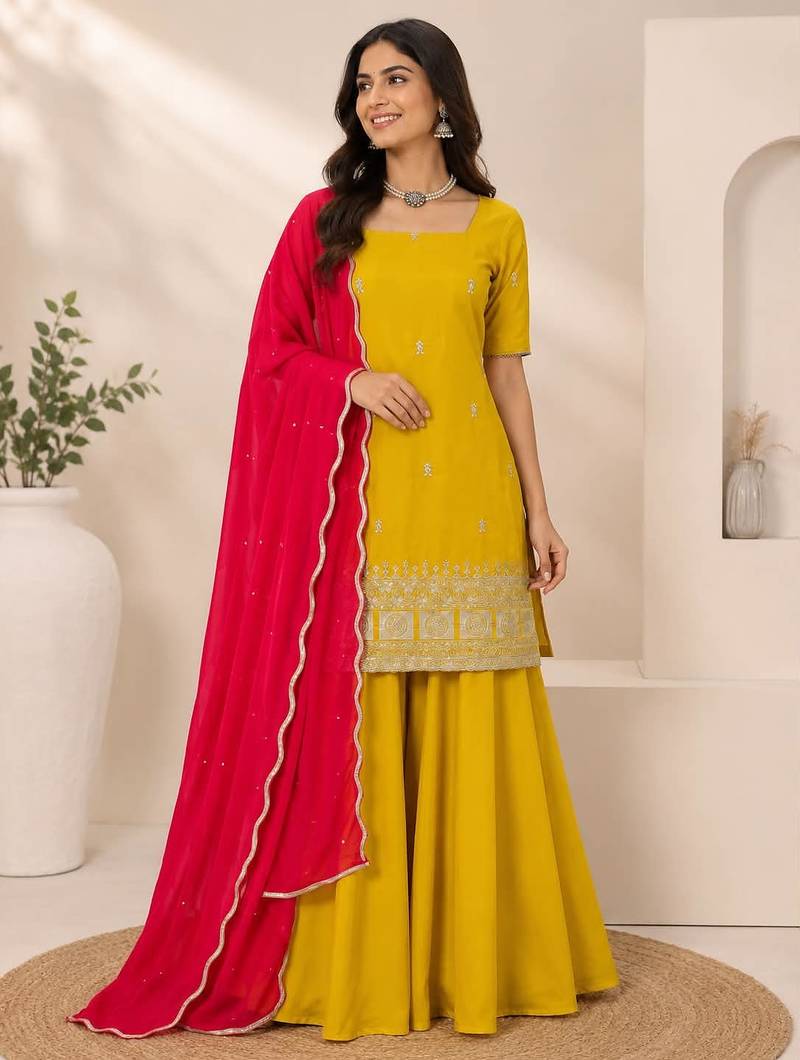 Yellow natural crepe silk sharara suit set with dupatta