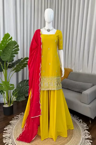 Yellow natural crepe silk sharara suit set with dupatta