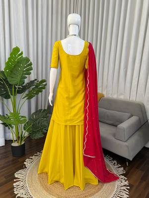 Yellow natural crepe silk sharara suit set with dupatta 3