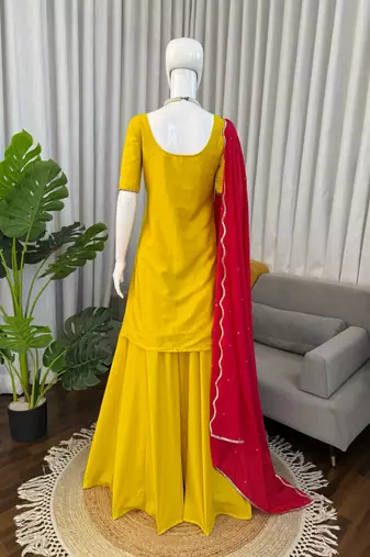 Yellow natural crepe silk sharara suit set with dupatta