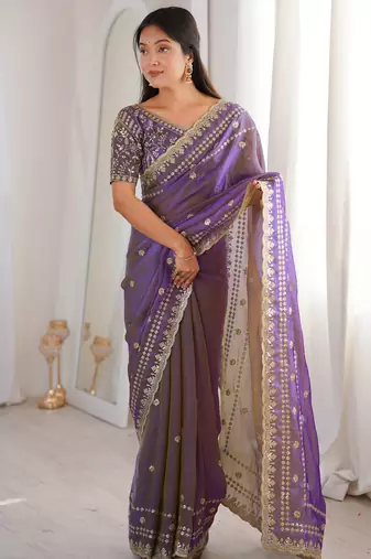 Purple color beautiful sequins work heavy partywear saree