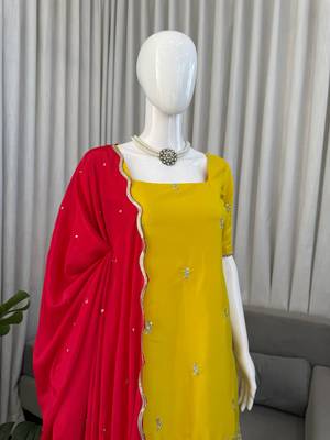 Yellow natural crepe silk sharara suit set with dupatta 4