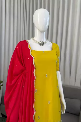 Yellow natural crepe silk sharara suit set with dupatta