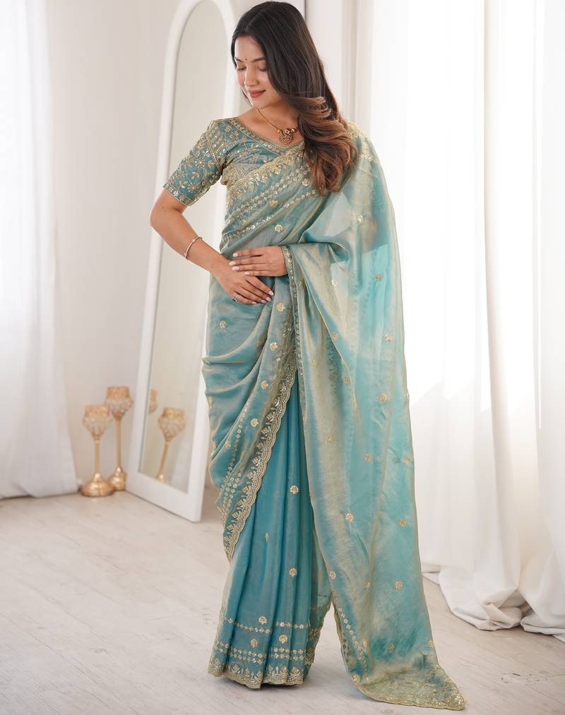 Sky blue color beautiful sequins work heavy partywear saree