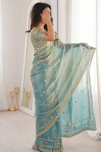 Sky blue color beautiful sequins work heavy partywear saree