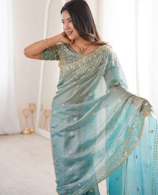 Sky blue color beautiful sequins work heavy partywear saree 3