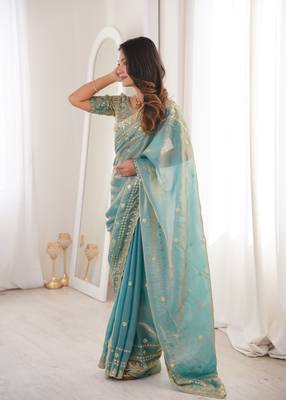 Sky blue color beautiful sequins work heavy partywear saree 4