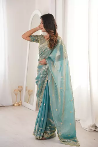Sky blue color beautiful sequins work heavy partywear saree