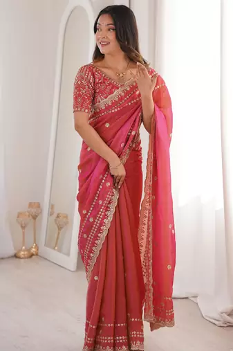 Tamato color beautiful sequins work heavy partywear saree