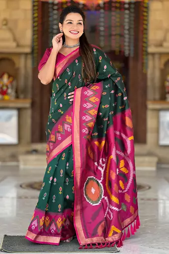 Green silk blend ikkat and patola weaving concept saree & contrast blouse