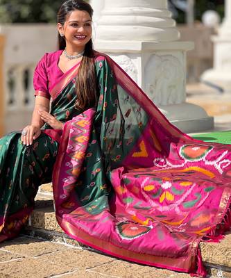 Green silk blend ikkat and patola weaving concept saree & contrast blouse 3