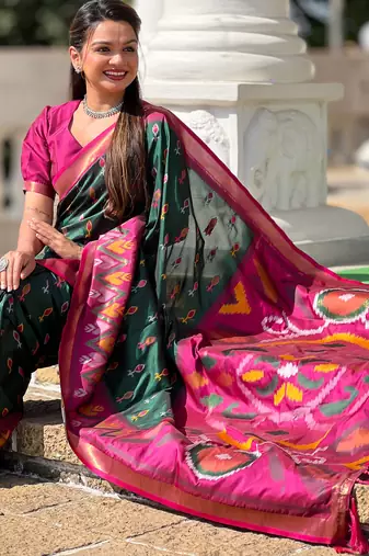 Green silk blend ikkat and patola weaving concept saree & contrast blouse