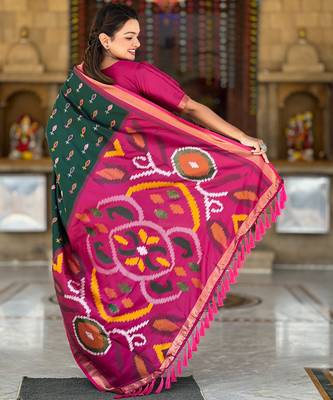 Green silk blend ikkat and patola weaving concept saree & contrast blouse 4