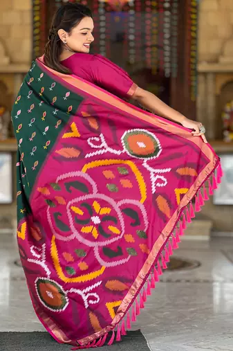 Green silk blend ikkat and patola weaving concept saree & contrast blouse