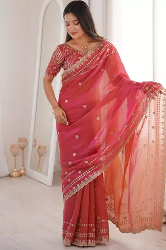 Tamato color beautiful sequins work heavy partywear saree